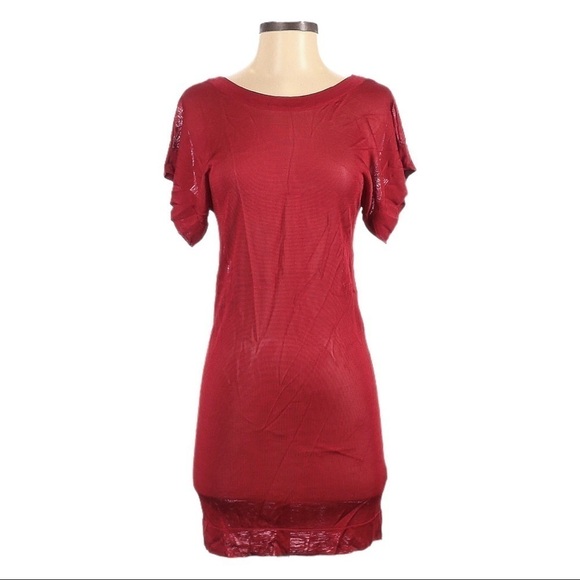 Shopbop Bob Basics Red Sheer Short Sleeve Mini Bodycon Stretchy Dress Size XS - Picture 2 of 9